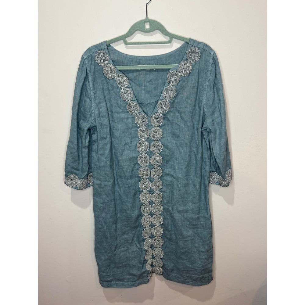 Haris Cotton Lace Insert Mini Linen Dress with V Neckline Sz M Blue Silver